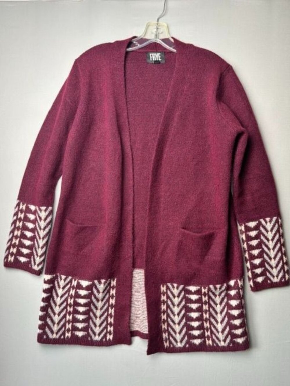 Frye Women's S Long Cardigan Sweater Burgundy Geometric Boho Open Front Pockets